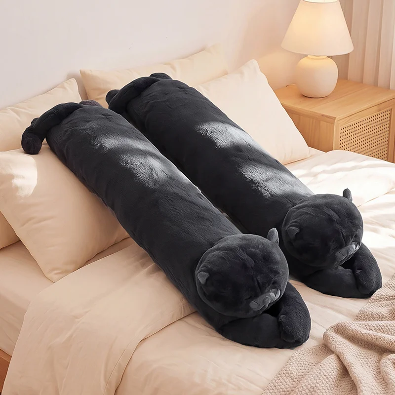 Fluffy Fur Long Kitty Plush Pillow, Cute Lying Black Cat Stuffed Body Cushion, Soft Hugging Sleep Pillow for gifts.