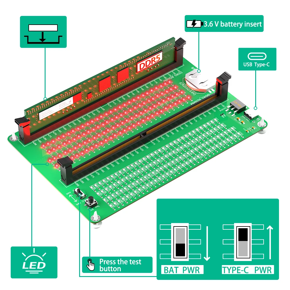 اختبار ذاكرة DDR5 للكمبيوتر المكتبي ، بطاقة اختبار مع LED ، RDIMM ، UDIMM