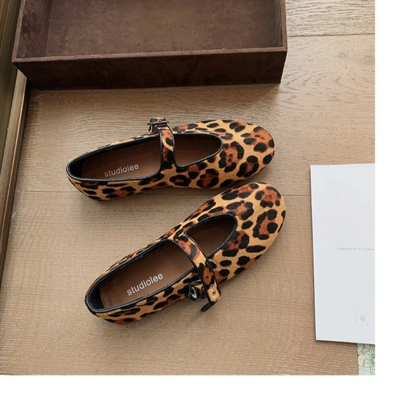 Women's Leopard Print Mary Jane Shoes Platform Height Increase Round Toe Buckle Strap Casual Flats for Spring 2026 New Arrival
