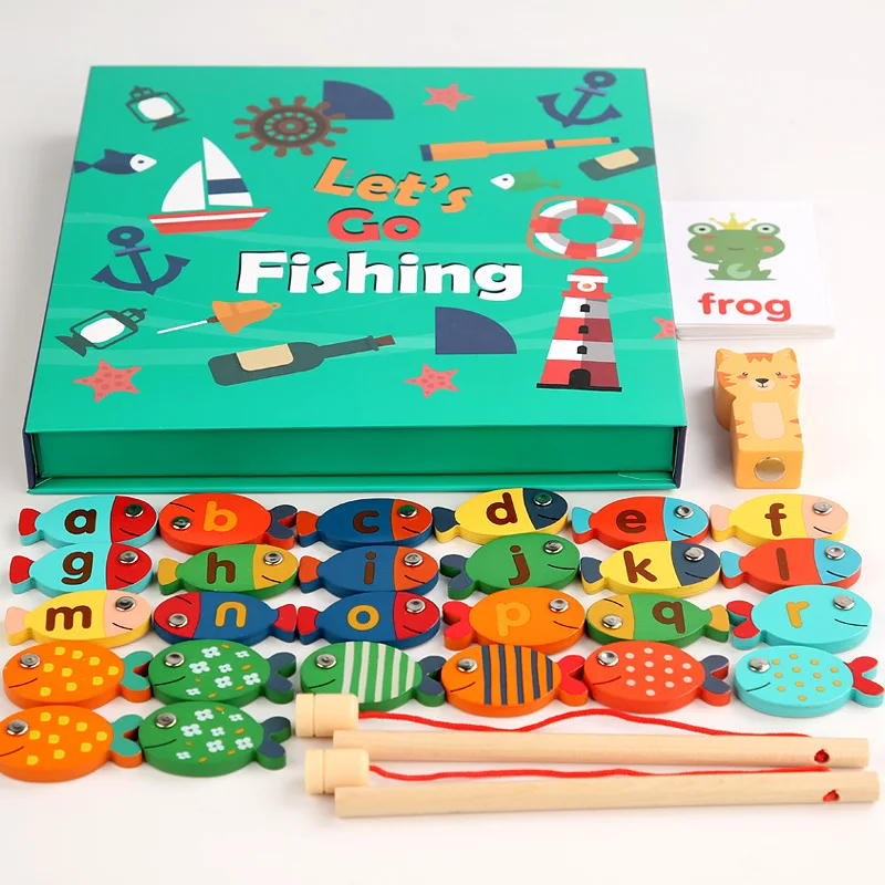 

Wooden Magnetic Fshing Game Fish Rod Toys and 26 Letters English Alphabet Spelling Words English Cards Puzzle Games 2 in 1 Toys