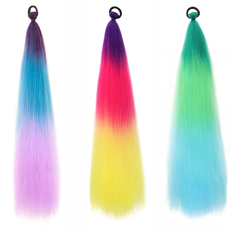 Cola de caballo sintética larga y recta de 24 pulgadas con banda elástica, accesorio de cabello colorido para trenzas DIY 2