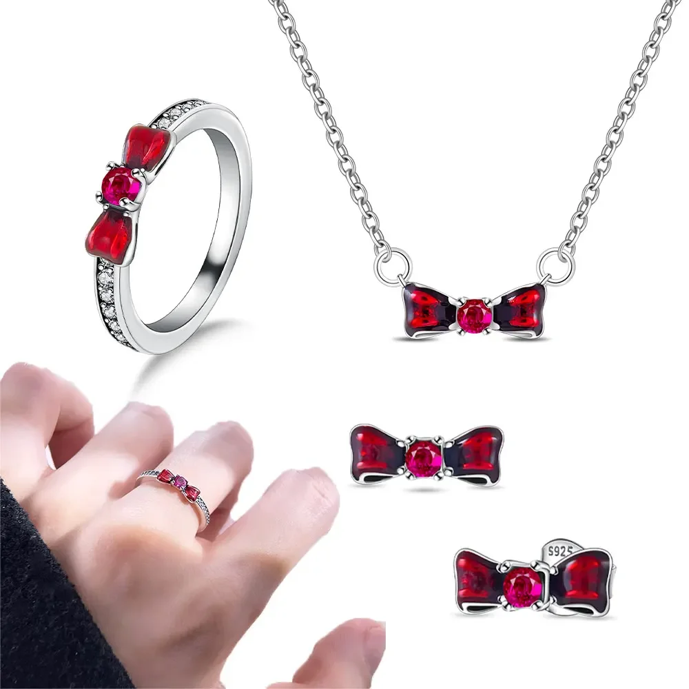 Original S925 เครื่องประดับผสมหลงใหลสีแดงน่ารักโบว์ต่างหูแหวนสุภาพสตรีวันแม่เงินสเตอร์ลิงวันหยุดของขวัญ