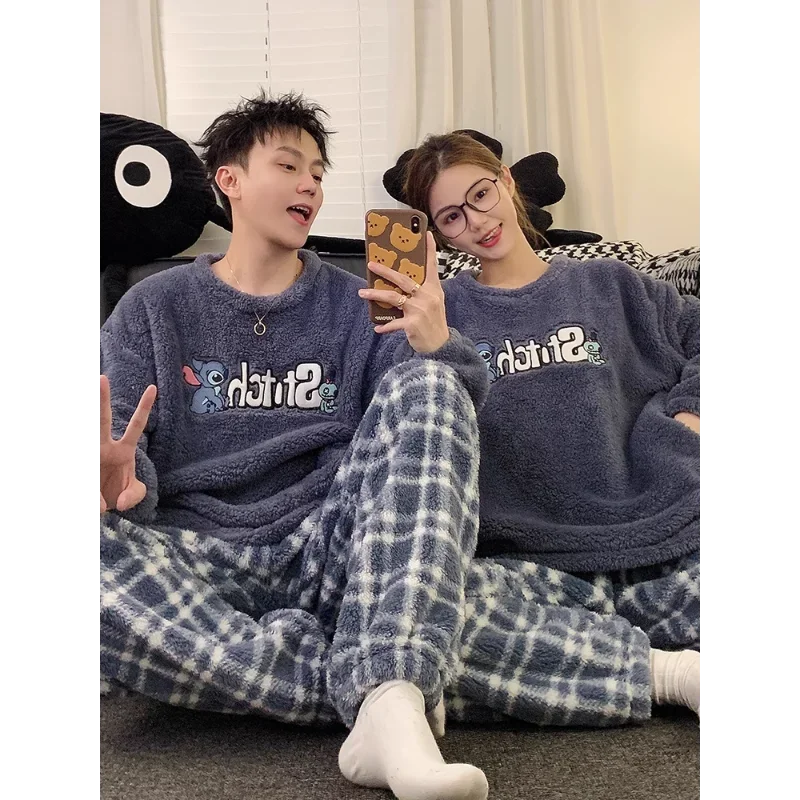 Cartoon Stitch couple pajamas set winter plush long-sleeved trousers two-piece set men\'s/women\'s loungewear women\'s pajamas