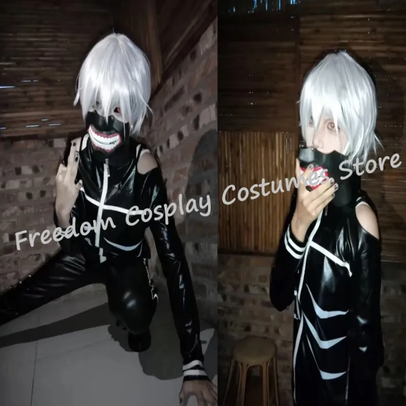 Kaneki ken cosplay traje com capuz jaqueta calças conjunto completo uniforme de luta de couro preto feminino masculino traje de halloween com máscara peruca