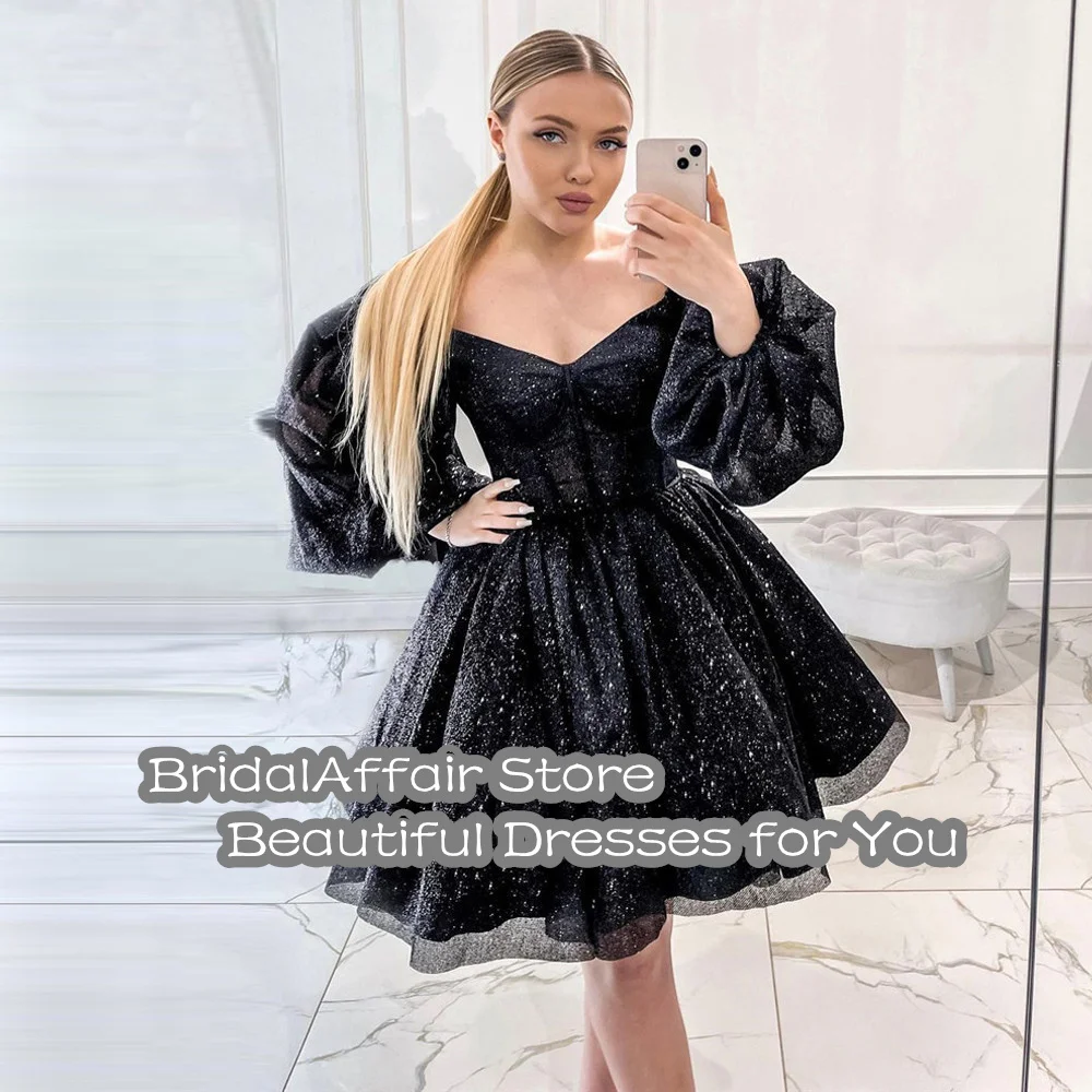 Glitter Zwarte Korte Prom Dresses Puff Lange Mouwen Sweetheart 16 Zoete Meisjes Cocktail Party Dress Sparkly Robe De Soiree