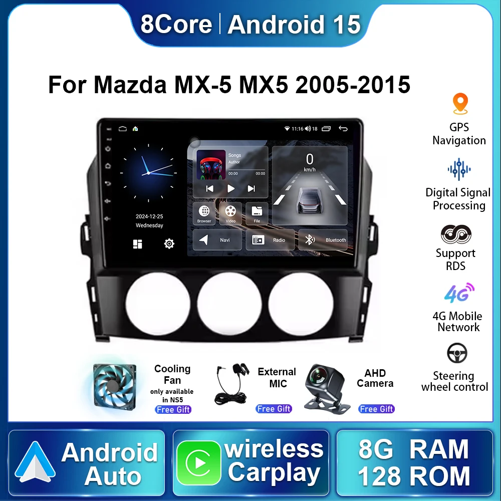 Autoradio Android 15 8G+128G para Mazda MX-5 MX5 2005 2006 2007 2008 2009-2015 Reproductor Multimedia para Auto Carplay Estéreo Navegación GPS