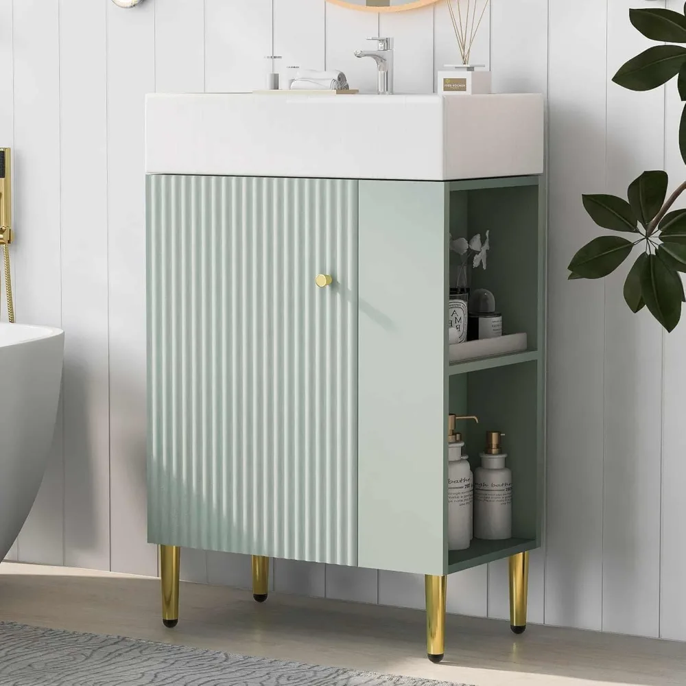 21.6 in Small Bathroom Vanity with Sink,Doors and Storage Shelves,Wood Modern Single Fluted Bathroom Sink Cabinet Freestanding (