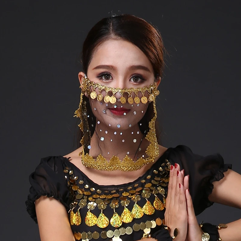 

Children Womens Belly Dancer Coins Face Veil Indian Classical Bollywood Dress Girls Belly Dance Stage Performance Accessories