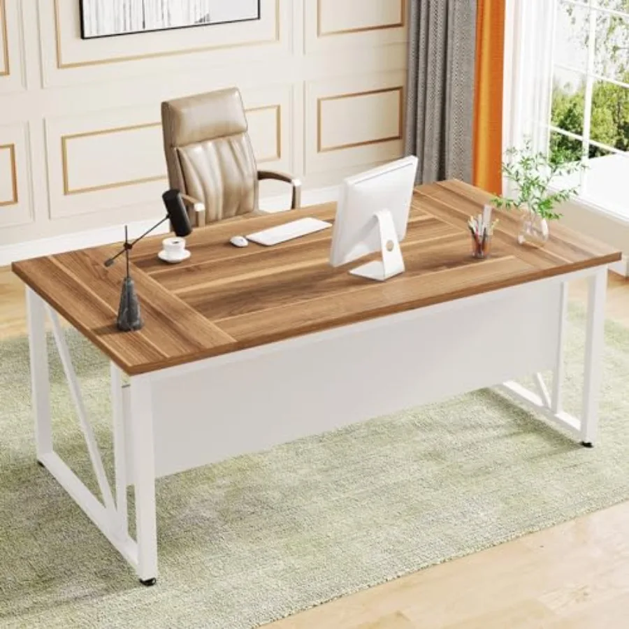 

Компьютерный стол 63 дюйма с нижней полкой для хранения, письменный стол для домашнего офиса, рабочая станция, темный орех + стальной каркас