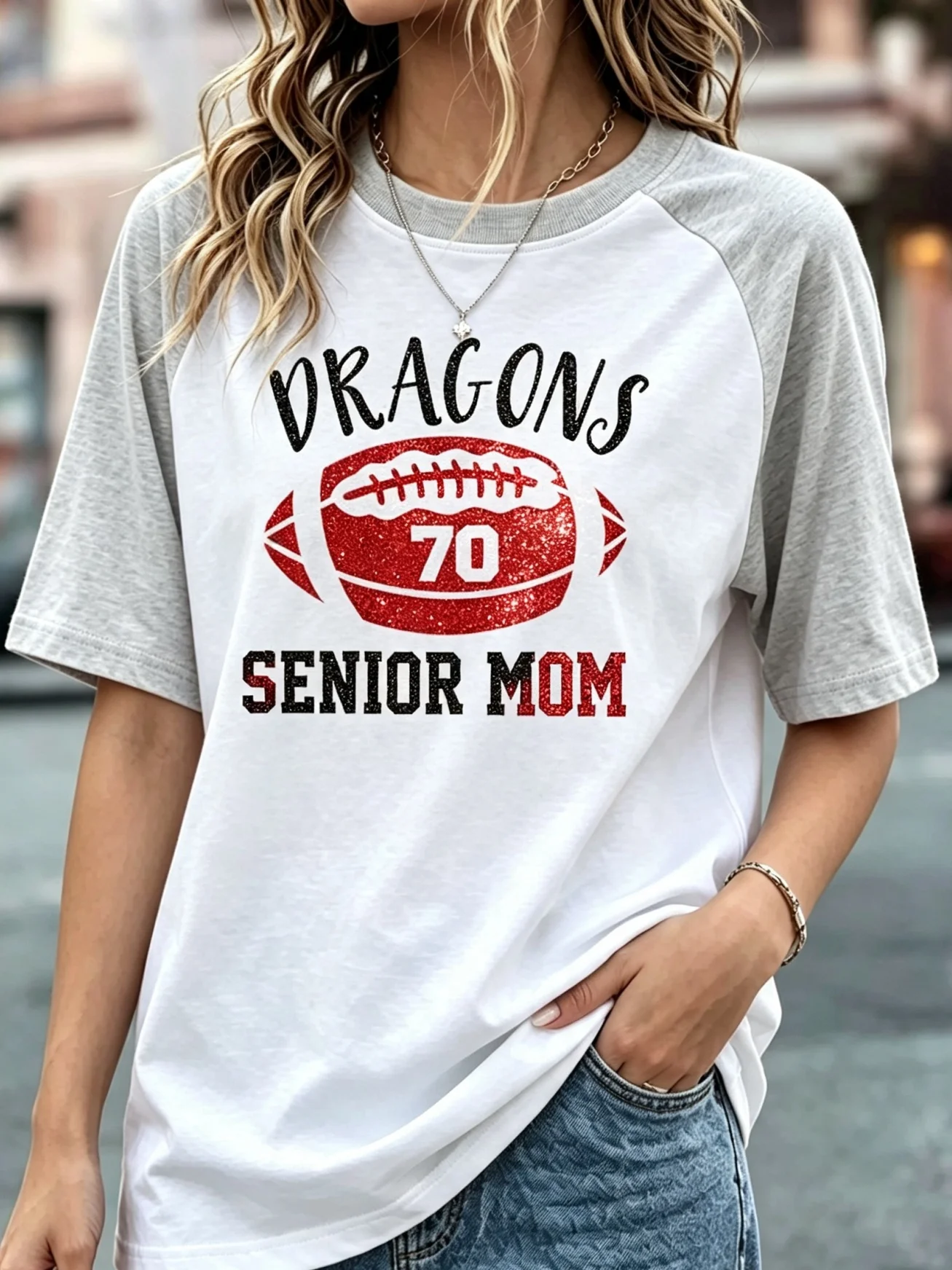 Dragons Senior Mom Glitter Football Number 70 Graphic Raglan T‑Shirt, Women Color Block Short Sleeve Game Day Baseball Tee