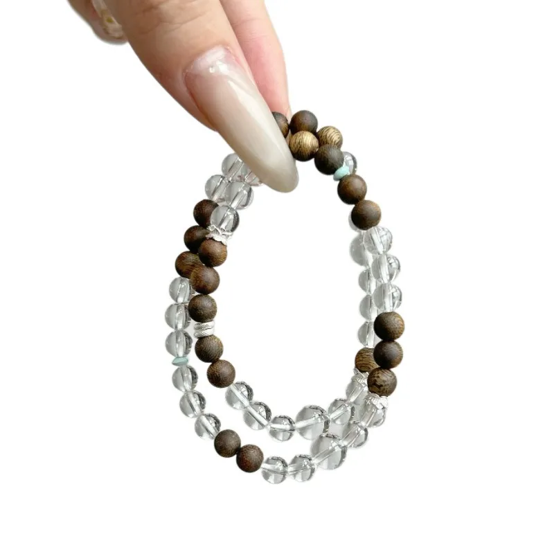 Natural White Crystal Agarwood Bracelet for Women New Chinese Style Double Layer Stackable Lucky Bead Jewelry Gifts