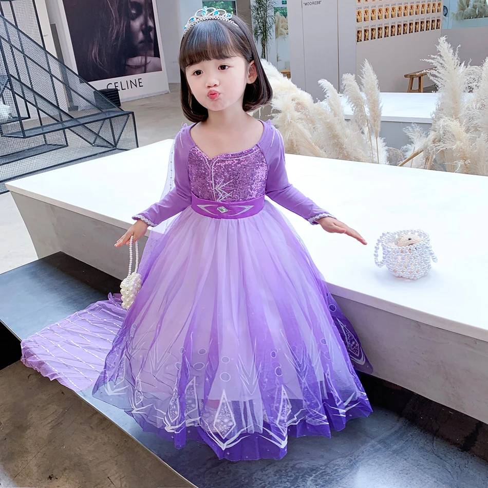 Vestido de princesa Elsa LED Frozen 2 para niñas, disfraz de lentejuelas de fantasía, vestido de baile púrpura, ropa de fiesta de cumpleaños y Navidad