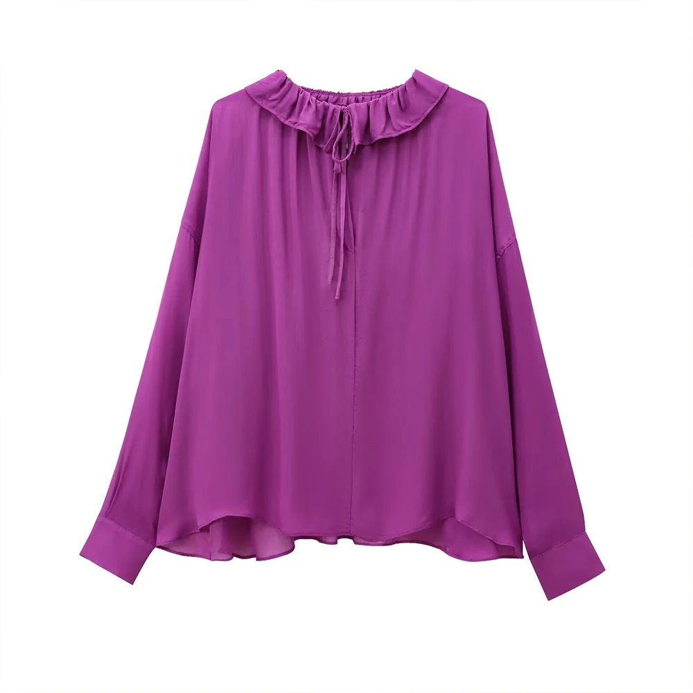 INS Fashion Charming Purple Stacked Frill Design Bow Lace Up Long Sleeves Women Casual Loose Solid Pullover Shirt ZATAF 2024 New