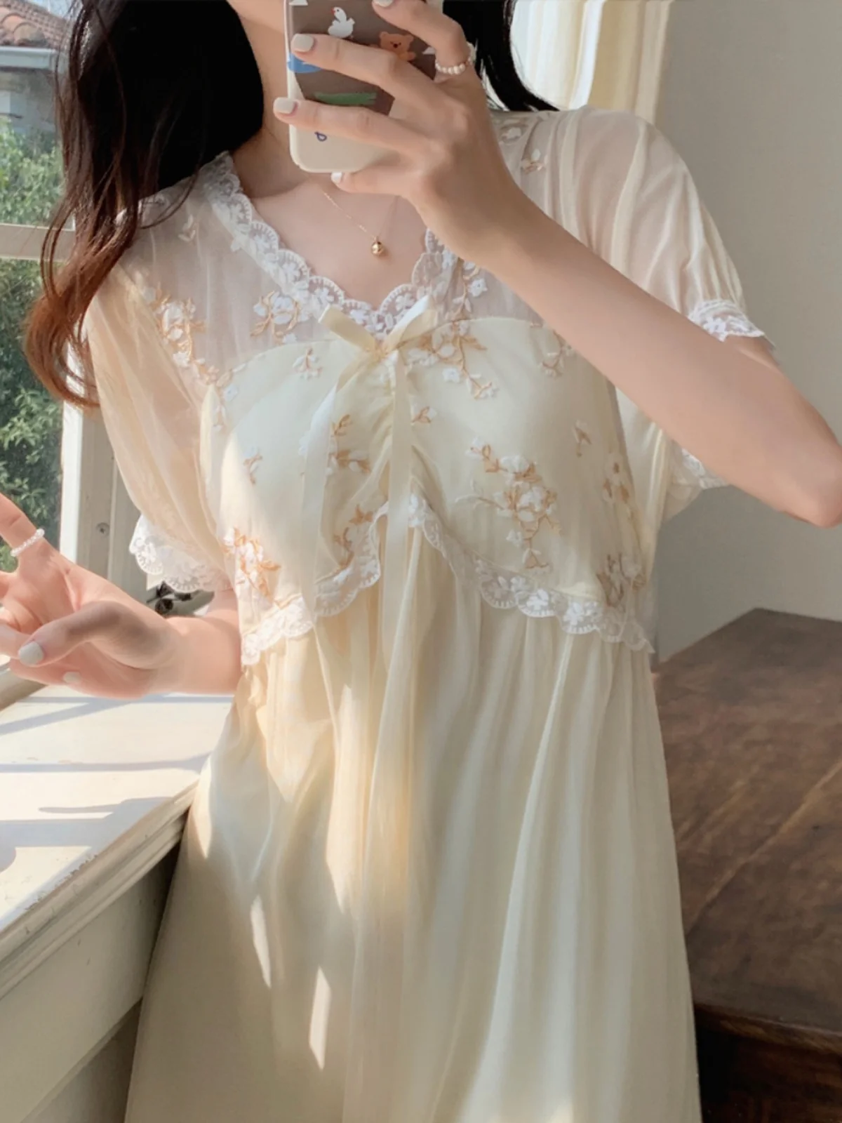

Sweet Princess Style Short Sleeve Sleep Dress Women's Summer Lace Mesh Modal Cute Home Fashion Sleepwear with Chest Pad