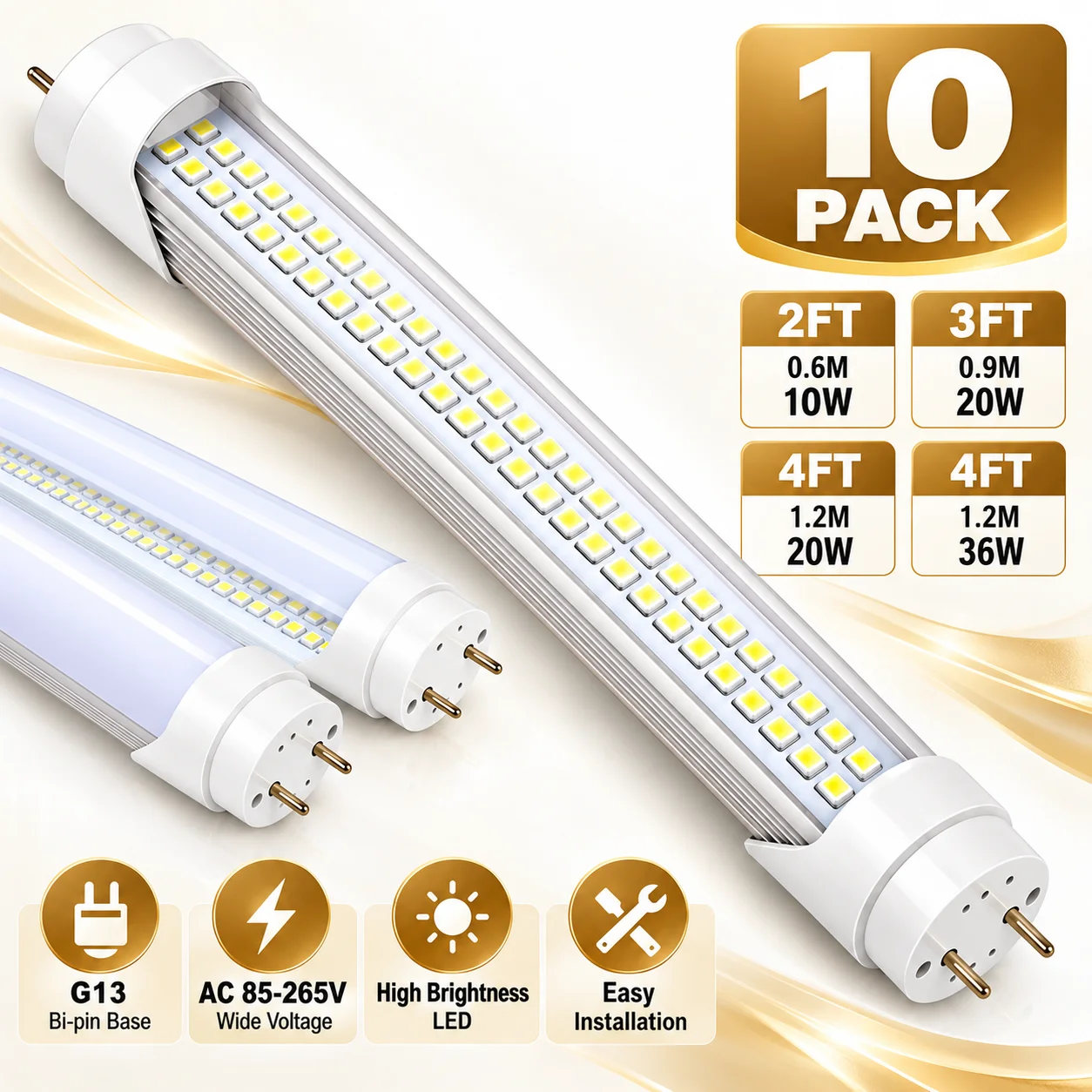 10Pack 2FT/4FT 0.6M/1.2M 20W 36W T8 LED Bulb Tube Light Single Fixture Tube Light Ceiling Light T8 Double Chip LED Tube