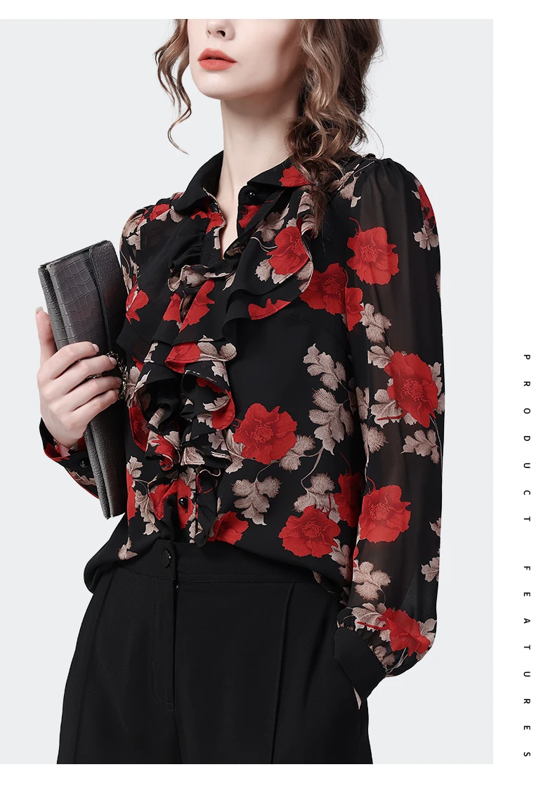 Vintage Black Floral Printed Women\' Long Sleeve Chiffon Blouse Ruffles Top Loose Plus Size 2023 Spring Summer Casual Work Shirts