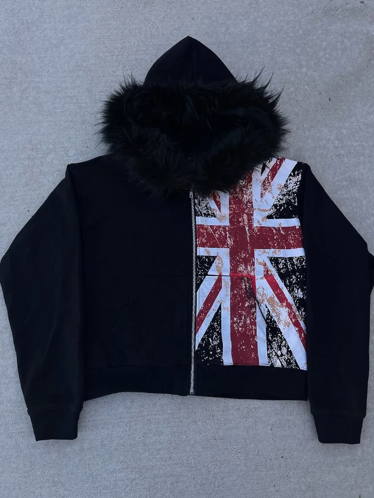2025 Col En Cuir Drapeau National Imprimé Zipper Sweat À Manches Longues Pull À Capuche Rétro Veste Rue Y2K Populaire Haircoat