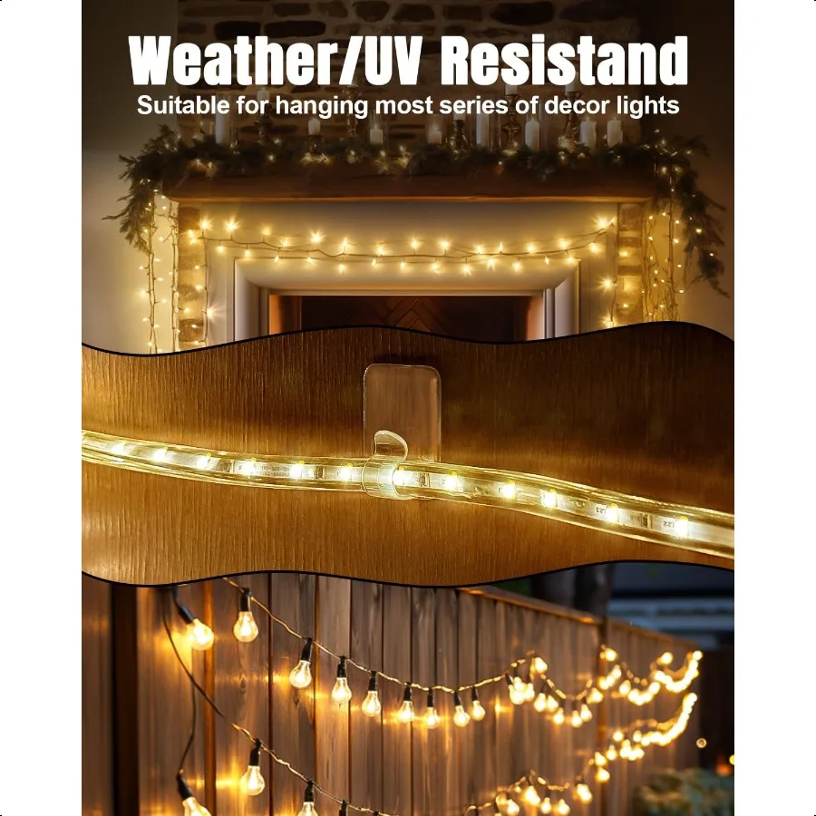 Ganci per clip per luci da esterno: confezione da 20 clip per luci da esterno rettangolari grandi e trasparenti Strisce adesive impermeabili resistenti