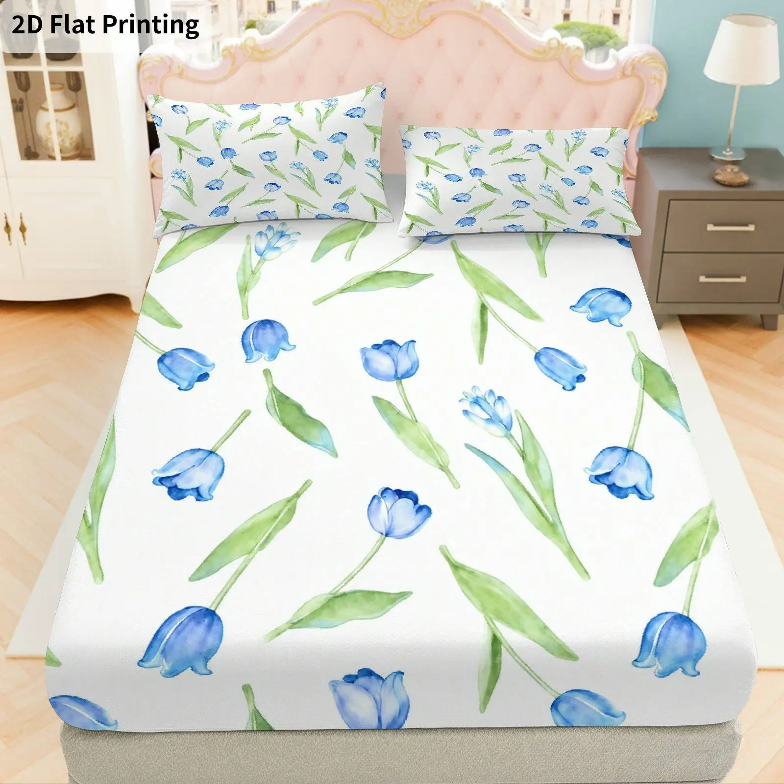 Blue tulips, green leaves, fitted sheet three-piece set, three-piece bedding set (includes 1 fitted sheet + 2 pillowcases), 3-piece set, large-capacity deep pocket 2D printed fitted sheet and 2 pillowcases, mattress protector, fitted elastic style, protective cover, mattress protector, suitable for all seasons, machine washable design, holiday decoration, various sizes, breathable protective cover with pillowcases