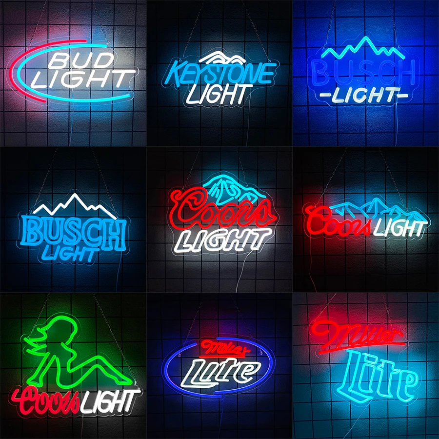 Panneaux néon Coors Light pour décoration murale, lumières néon Busch/Bud/Keystone pour chambre à coucher, décor de fête de Restaurant de Pub de Bar de grotte d'homme.