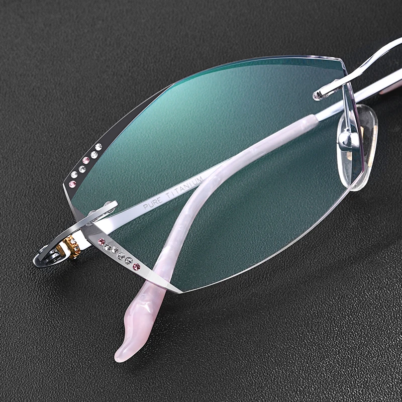 

Pure Titanium Rimless Glasses Frame Gradient Purple Color Lenses Trimmed Opticos Gafas Diamond Shine Women Rimmed Eyewear