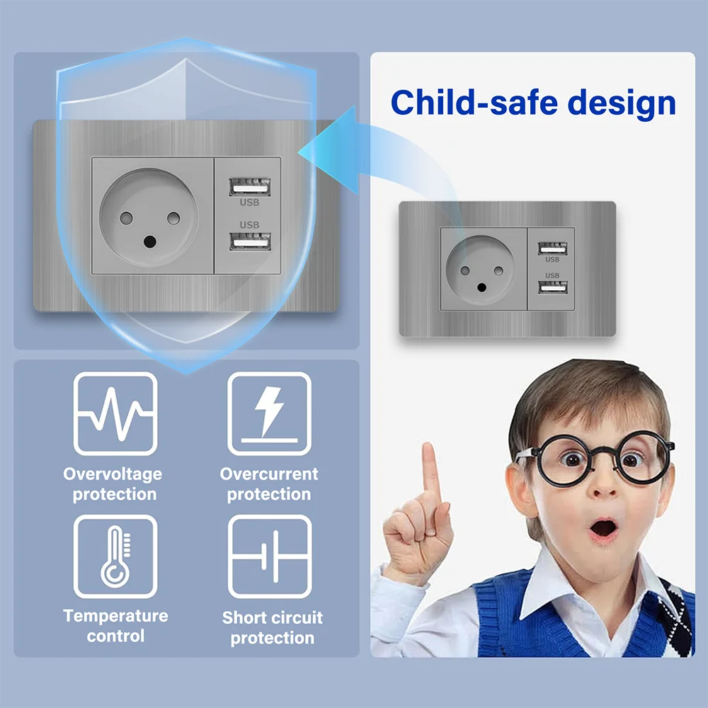 EIOMR Israel USB Type C Fast Charging Wall Socket, 118*75mm PC Brushed Grey Panel, TV Tel Doorbell Mechanical Wall Light Switch view 4