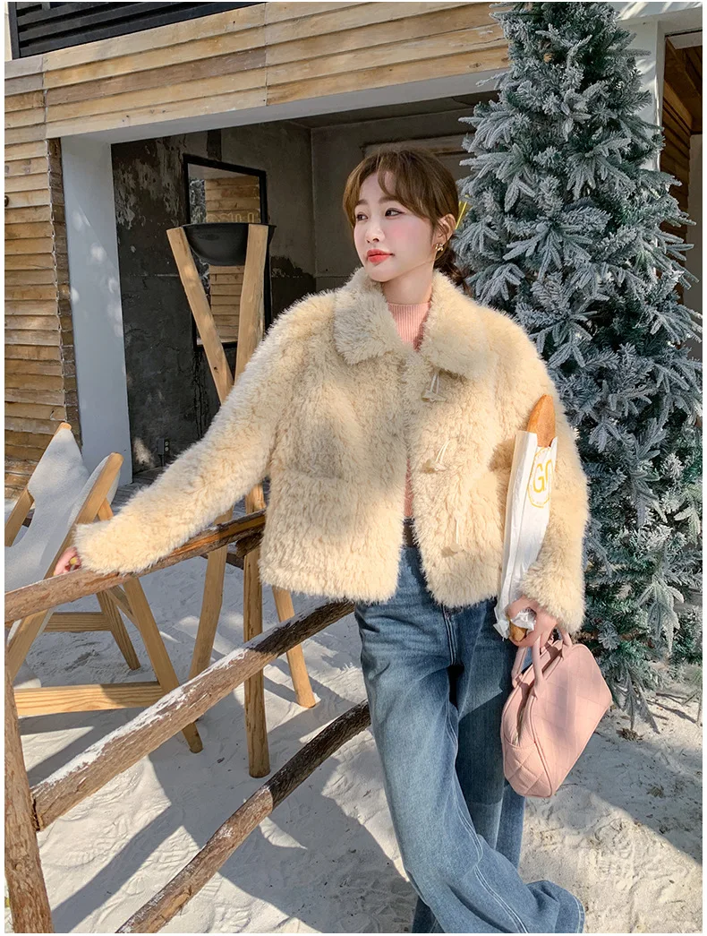 GG Faux Lamb Cute Sweet Coat Women Winter Long Sleeve Pocket Warm Jacket Korean Fashion Elegant Single Breasted Casual Outwear T