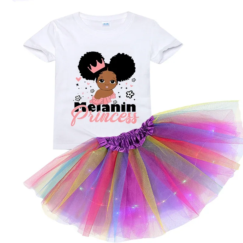 

Kids Girls Dress Party Casual Dress Black African Curly Hair Girl Short Sleeve Printed Cartoon T-shirt+Skirt Christmas present