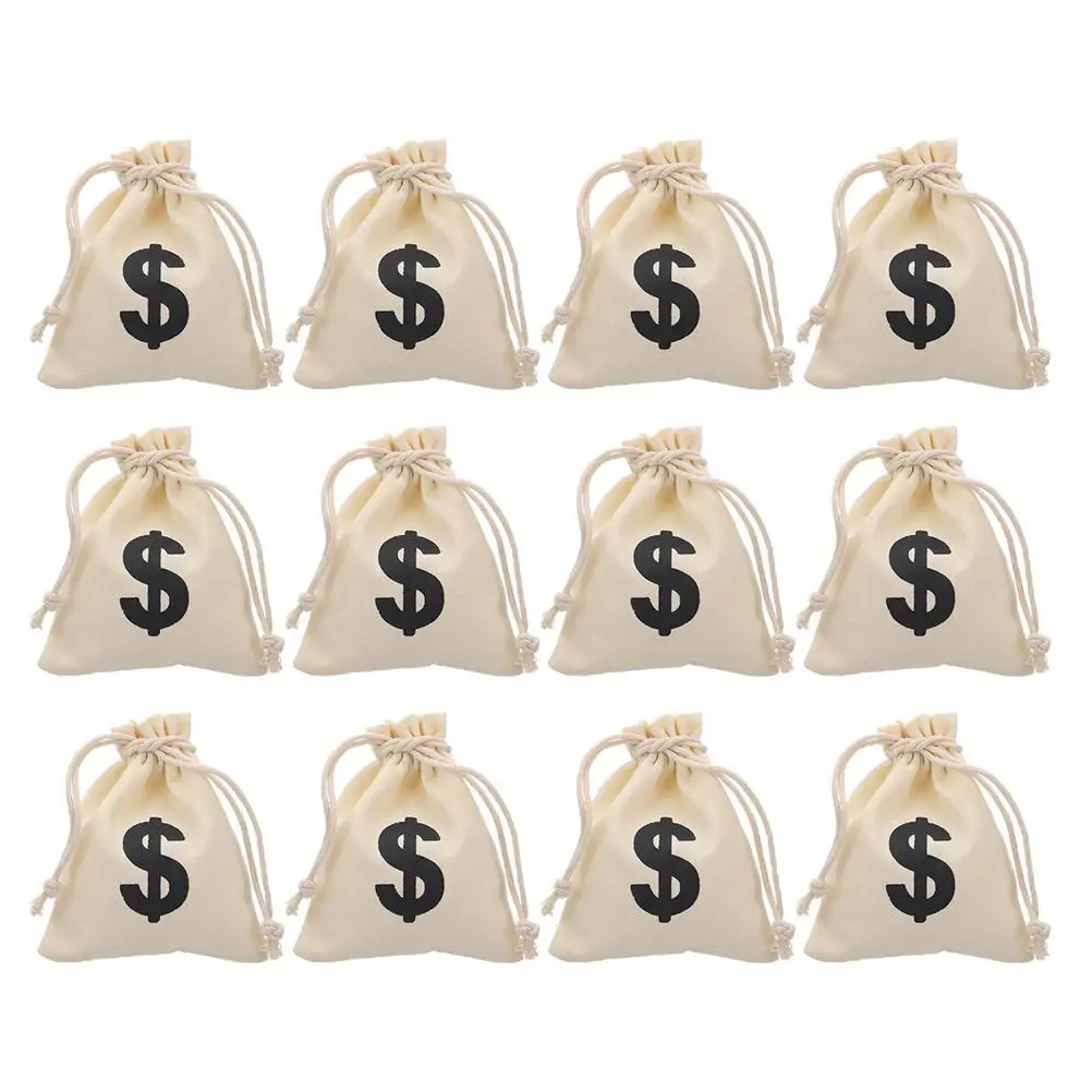 

12 Pcs Money Bag Small Drawstring Bags 12x16cm Dollar Sign Canvas Snack Party Treats Gift Pouch Cloth Game Coins Storage
