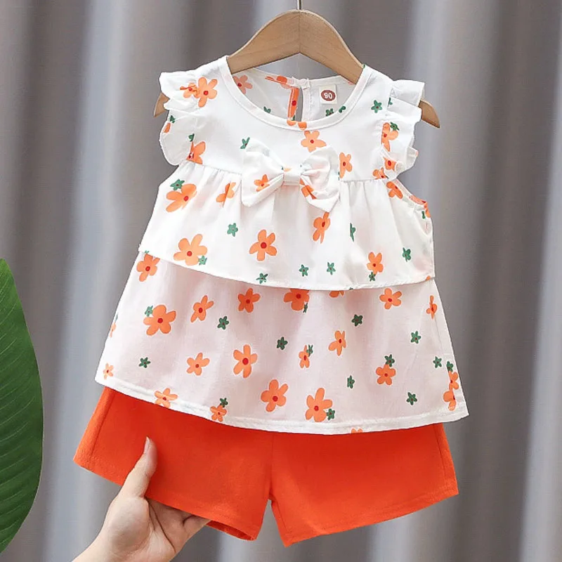 Summer Baby Girl Clothes Two Piece Ruffle Sleeveless T-shirt Pant 2Pcs Set Cute Bow Blouse Children Outfit Kid Toddler Suit A525