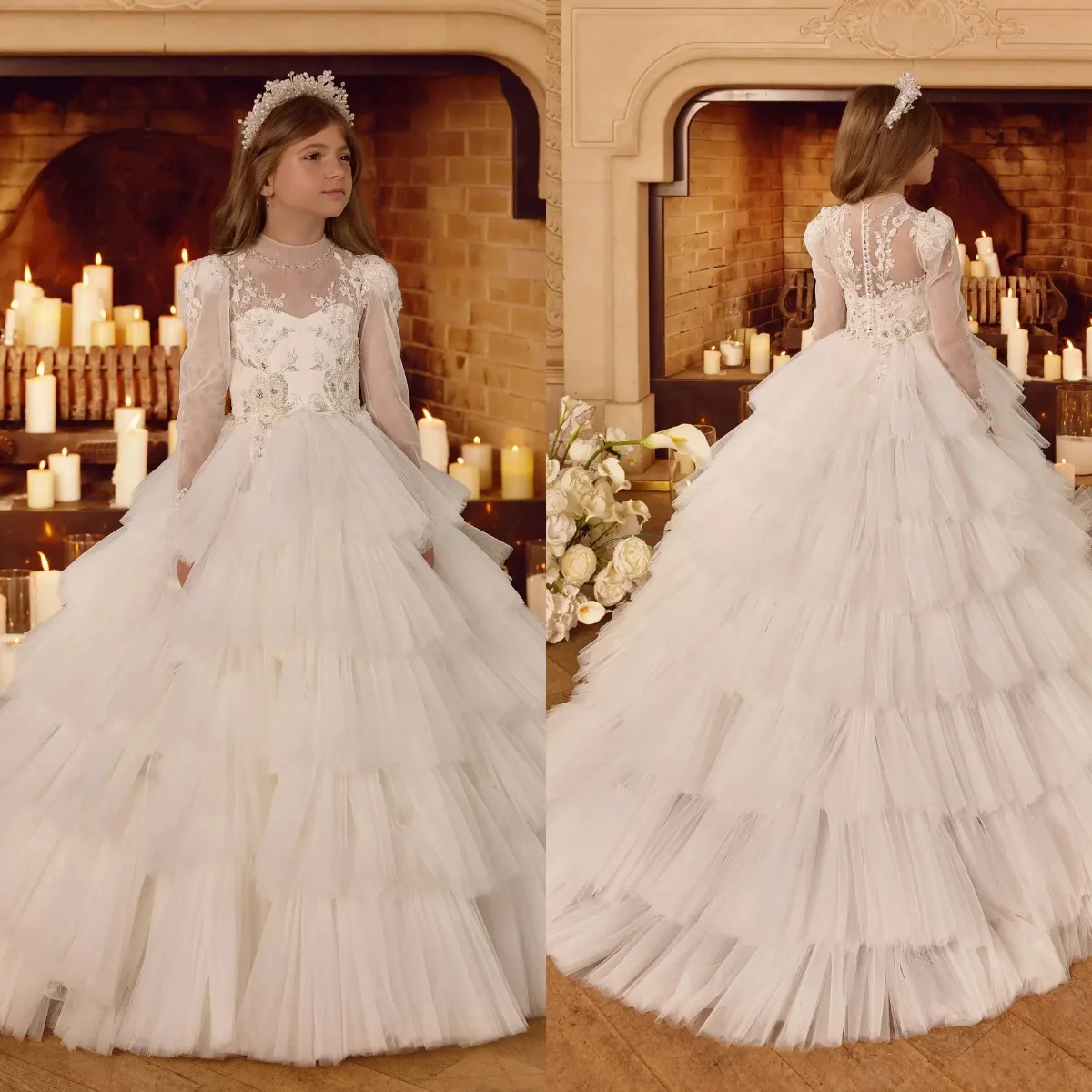 Witte bloemenmeisjesjurken met lange mouwen voor bruiloft Hoge hals Kanten gezwollen rokken Verjaardagsfeestje Jurken Eerste communiejurk
