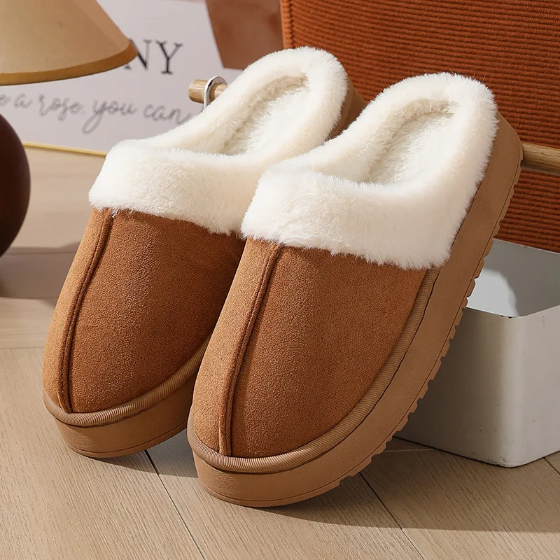 

Warm unisex house shoes for home use, thick sole non-slip fur flip flops with fur collar,Women's plush slippers winter outdoor