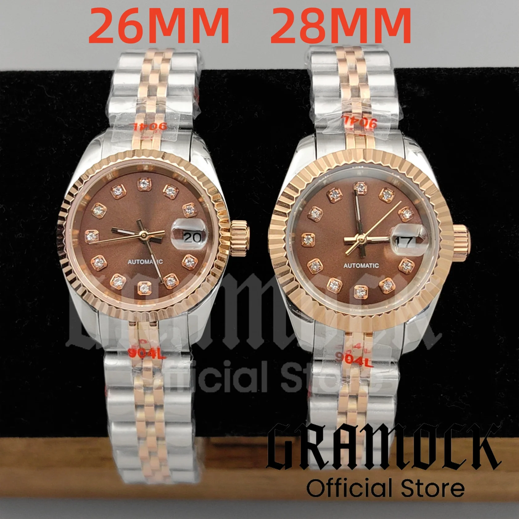 Two Tone Rose Gold Lady's 26MM 28MM NH05 Automatic Mechanical Watch Brown Sunberst Dial Diamond Edge Waterproof Clock For Women