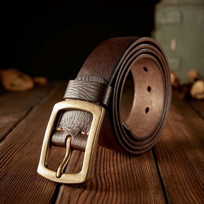 

Excellent Handmade Genuine Leather Belt Men Pure Copper Pin Buckle Jeans Strap High Quality Full Grain Leather Casual Pants Belt