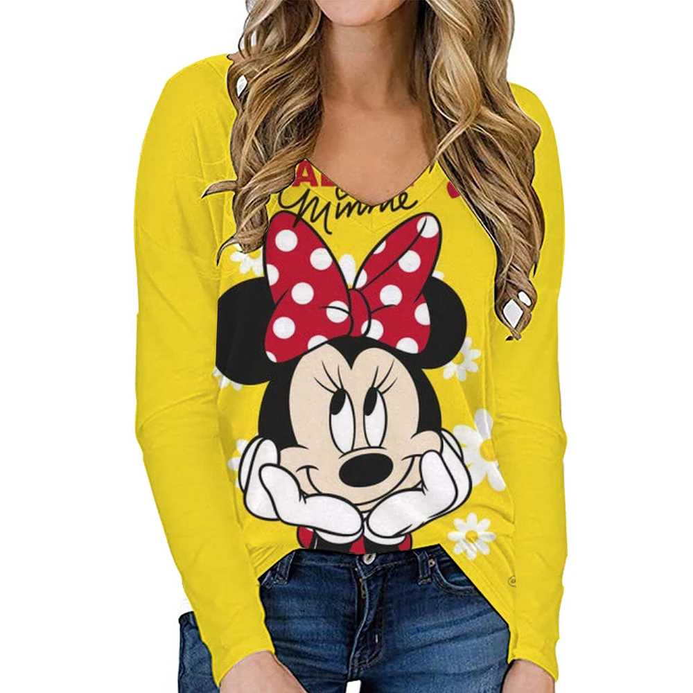 

Disney Mickey Mouse T-shirt for women, long sleeved Korean fashion casual T-shirt for women, V-neck elastic T-shirt for spring a