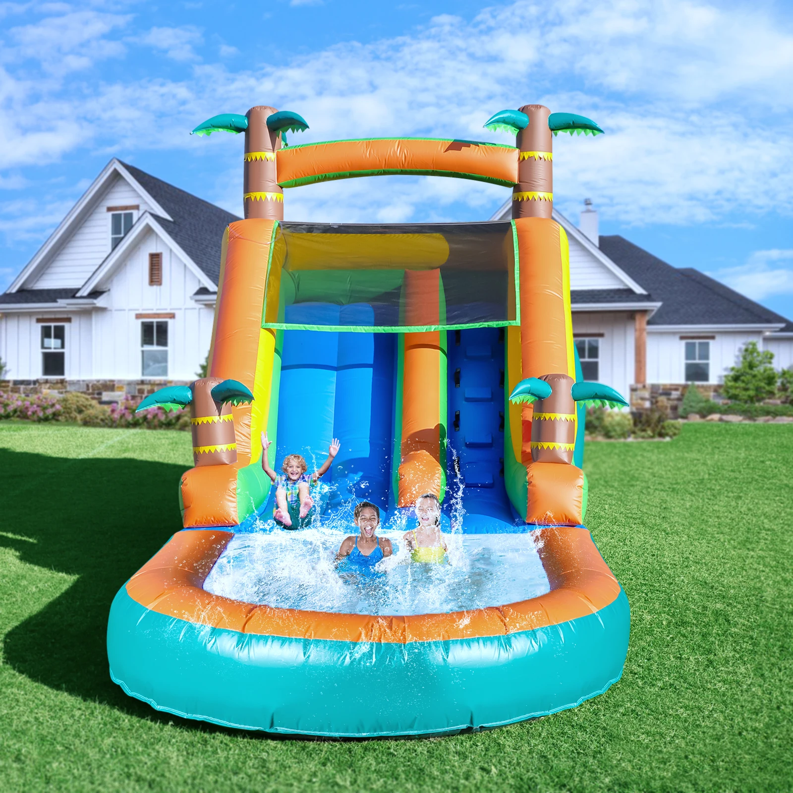 Wet & Dry Bounce House with Long Slide Area Splash Pool Durable Easy Setup for Backyard Parties Inflatable Water Slide for Kids