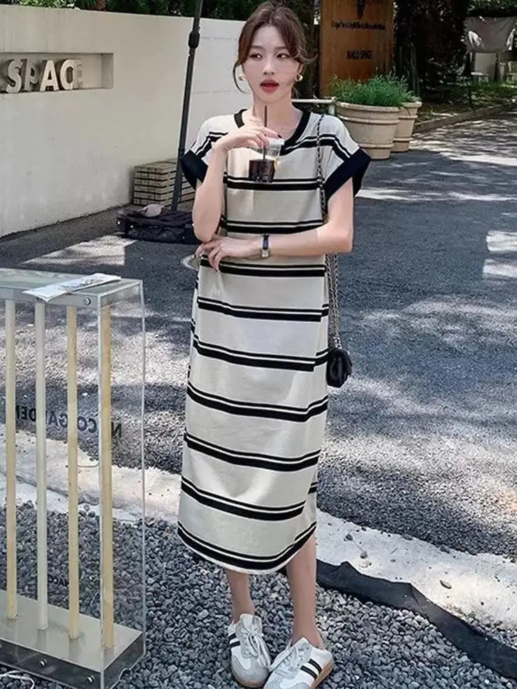 Or Sve Dr – T-shirt d'été à rayures en soie glacée, longueur aux genoux, grande taille, ample, couvrant le ventre, jupe longue amincissante, style coréen