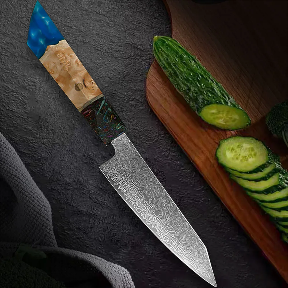 JUMCSONG 5-inch Practical Knife 67 layer Damascus Steel Household Fruit Knife Kitchen Blue Resin Handle Sharp Peeling Knife