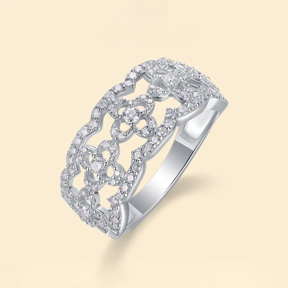 

S925 Silver D Color Moissanite Flower Wedding Ring Fine Women Jewerly Iced Diamond Engagement Half Eternity Band Pass Tester