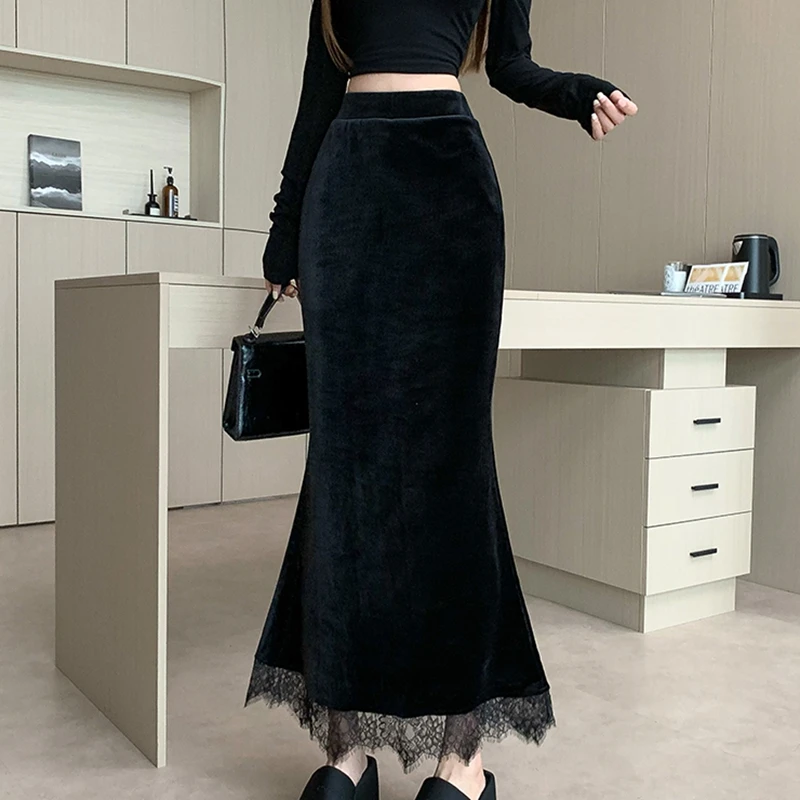 Faldas largas elegantes de terciopelo negro para mujer, ropa Y2k de encaje de cintura alta, ropa de calle coreana, falda de longitud media para mujer