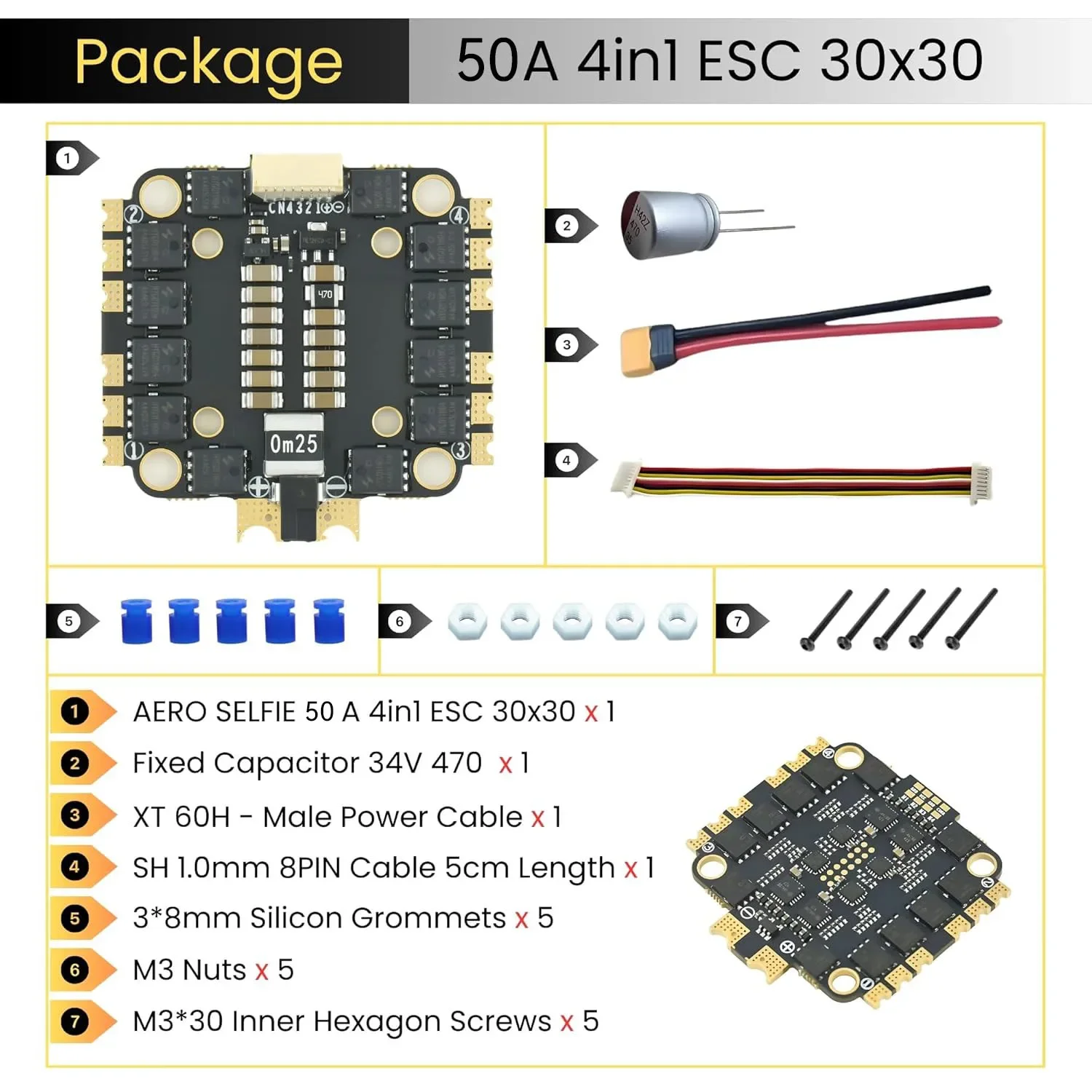 8-bit 30A/50A/60A  Brushless  4-in-1  ESC Compatible with 2S-6S LiPo Batteries Support PWM, DSHOT, ONESHOT for FPV Drones