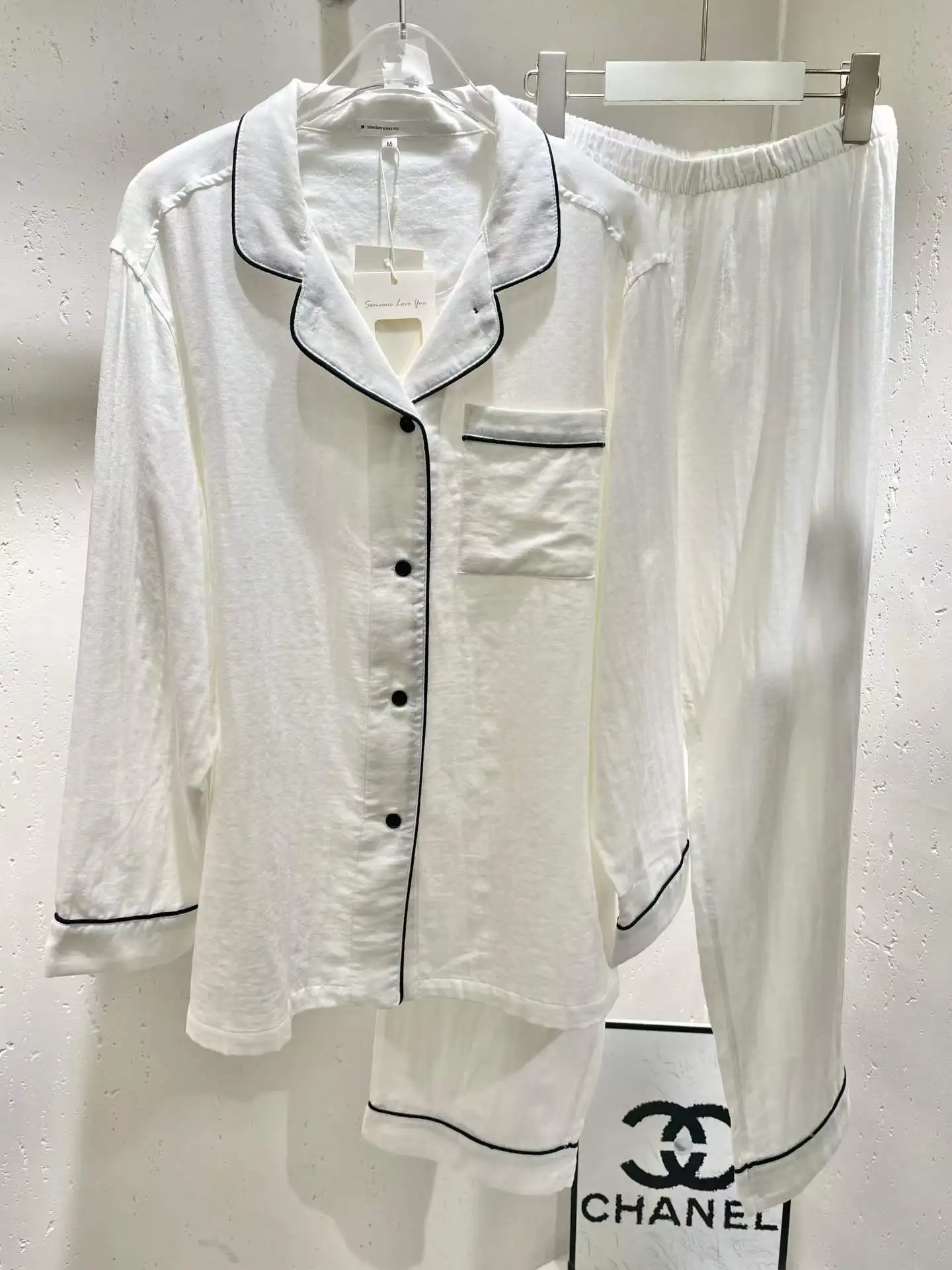 Classic White Cotton Muslin Pajama Set with Black Contrast Piping Breathable Loungewear Set Soft &Airy Unique Double-Layer Gauze