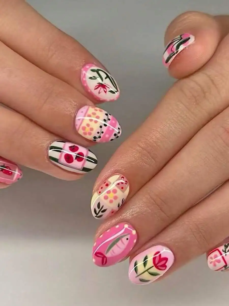 

24pcs Cute Short Oval Flower Nail Art, Made Of Acrylic Material, Suitable For Short Nails. Set Includes 1 Bottle Of Gel Nail Pol