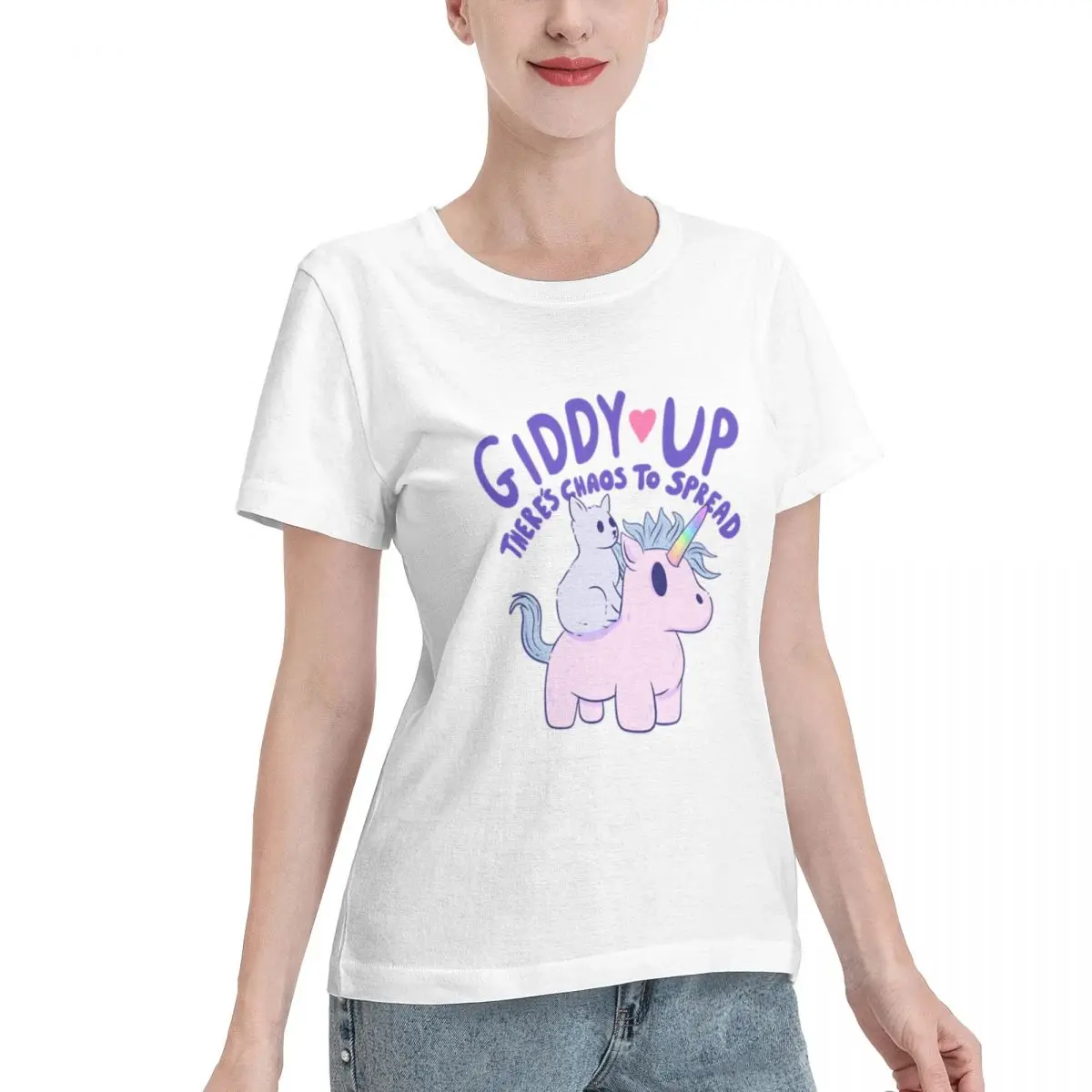 Washable Cute Cat Riding Unicorn - Giddy Up There Chaos To Spread Women's T-shirt French Chic Short Sleeve Casual Top