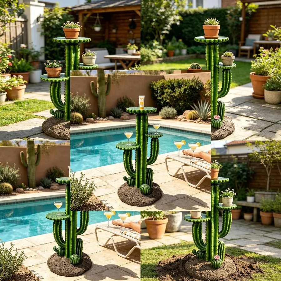 32'' Saguaro Plant Stand with 3 Display Shelves, Large Multi-Tier Cactus Flower Pot Holder, Weatherproof Resin Outdoor Garden D