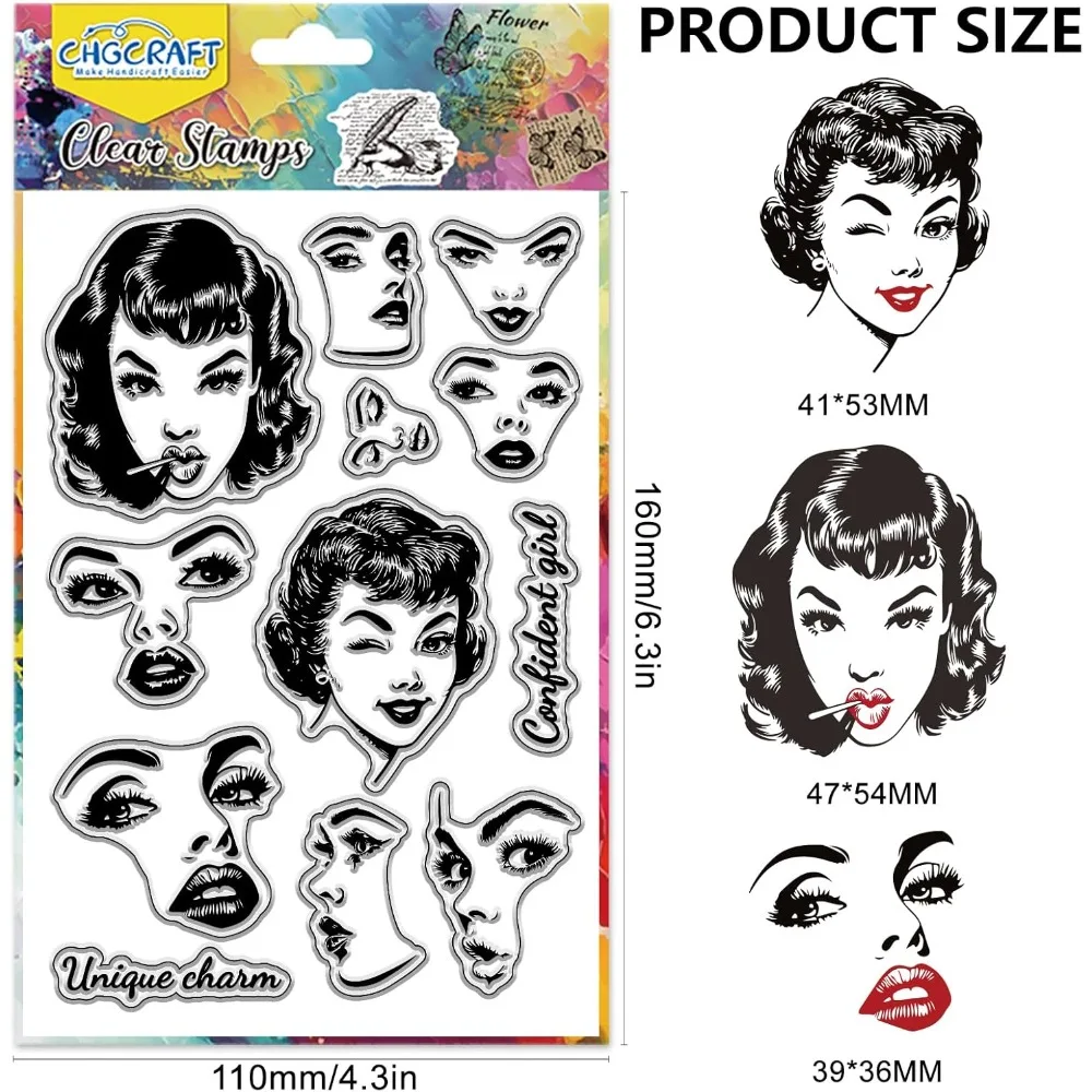 Female Face Clear Stamps Facial Expressions Transparent Stamps Retro Feel Silicone Clear Stamp Seals for Carding Making DIY