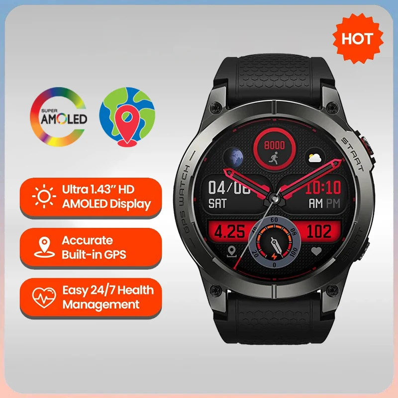 Built-in GPS Smart Watch 1.43-inch HD AMOLED Display Hi-Fi Bluetooth Phone Calls Sports Weather Smartwatch for Men Women