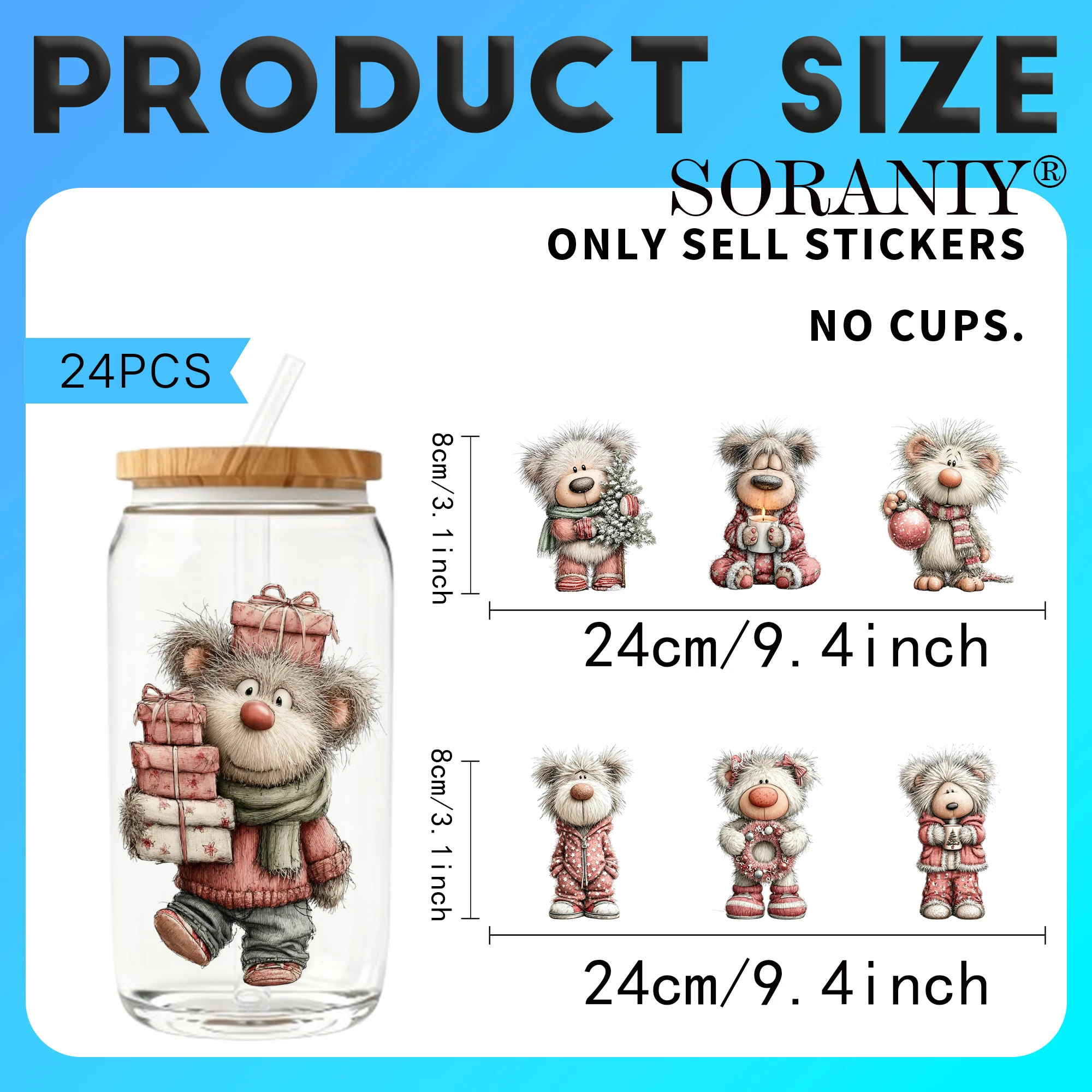 24PCS/Set Whimsical Christmas Pink Teddies  Themed UV DTF 16OZ DIY Transfer Paper Set Golden Text Used For 16oz Water Bottles Gl