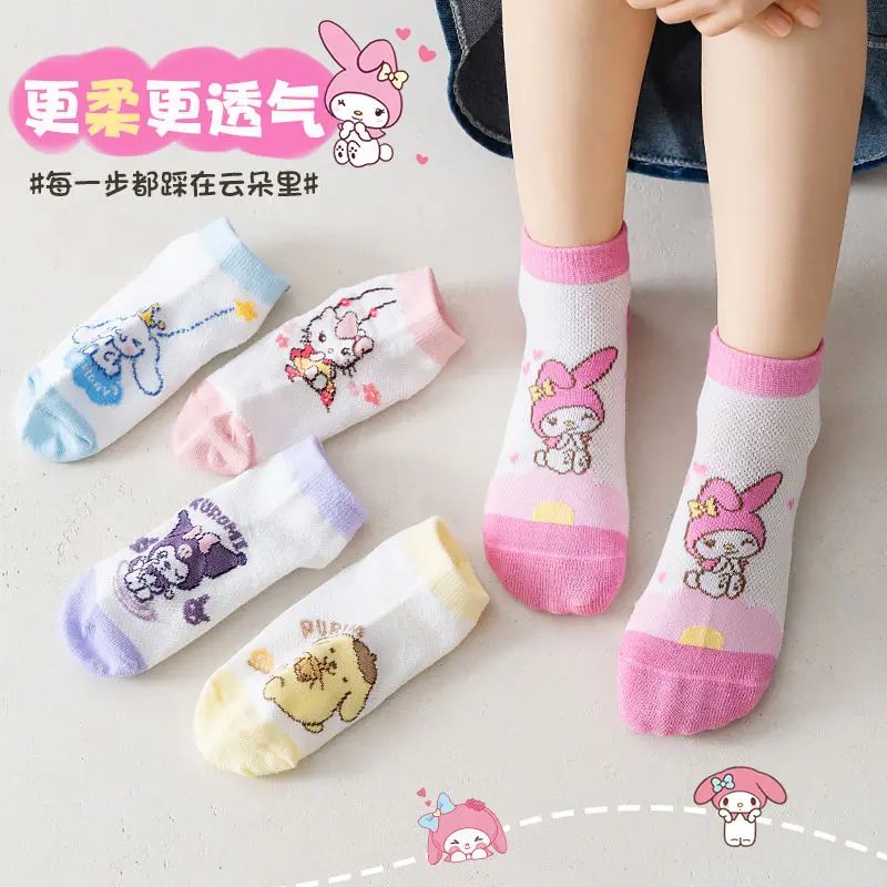 Chaussettes mi-mollet respirantes pour enfants, Hello Kitty, Kuromi, ourson, anime, dessin animé mignon, Kawaii, princesse, créatif, vente en gros