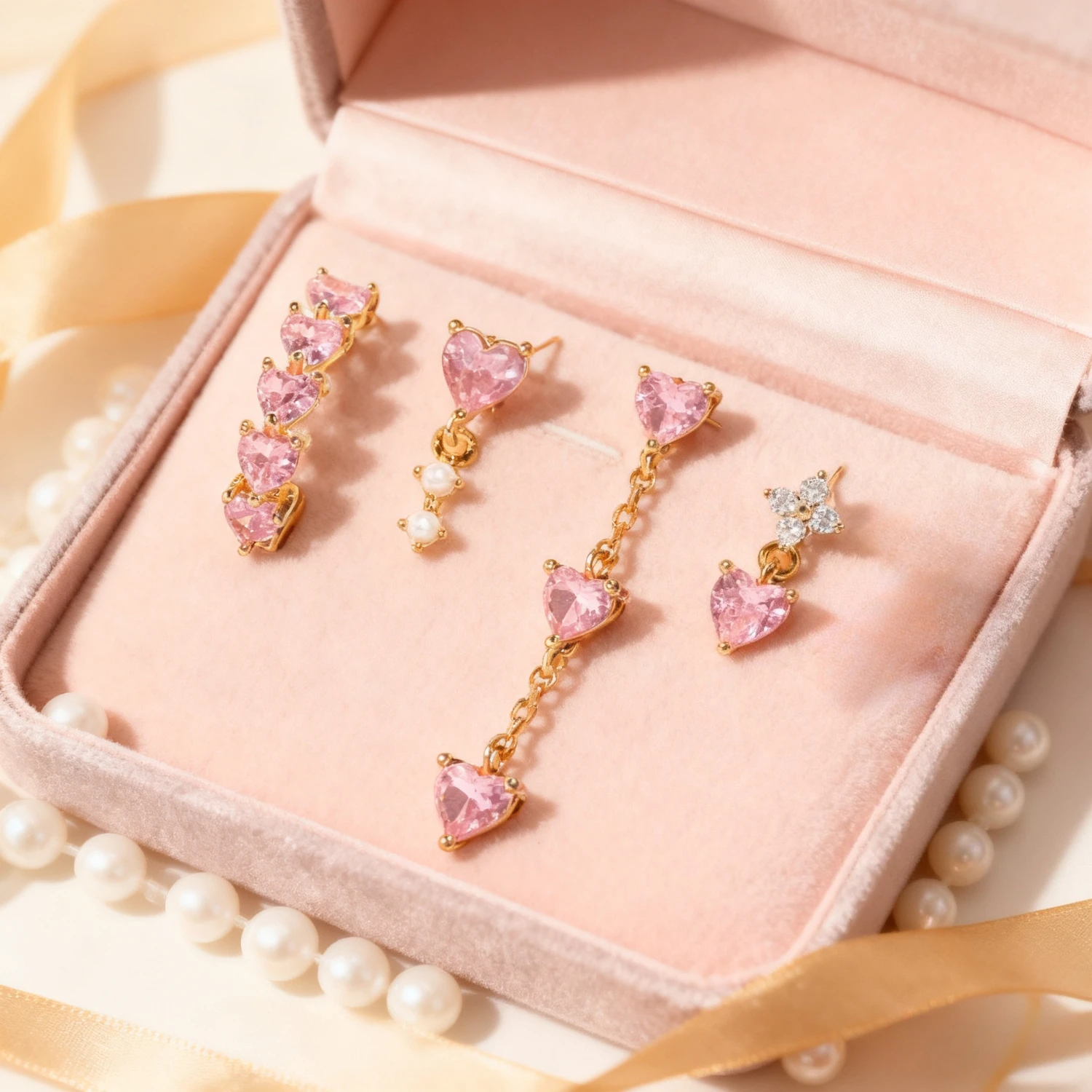 

Sweet Temperament Pink Heart Shape Ear Buckle Japanese and Korean Girl Style Flower Inlaid Zircon Earring Set